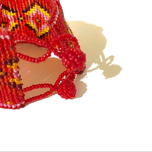 Beaded Geometric Southwestern Diamond Print Cuff Bracelet Red Yellow - Picture 5 of 8